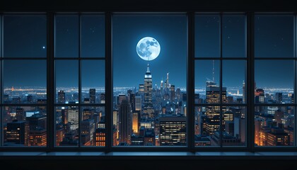 Nighttime urban skyline illuminated by full moon viewed through large window panels