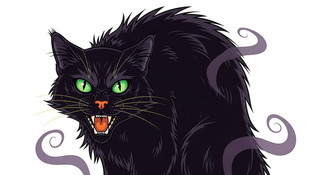 A menacing black cat with glowing eyes, displaying aggression.