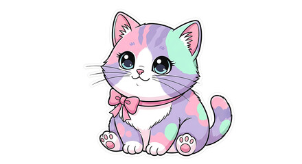 A cute cartoon kitten with pastel pink, purple, and mint green stripes sits with a pink bow around its neck.