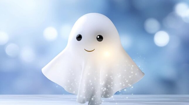 Cute Ghost Figure: A charming, friendly ghost character, glowing gently amidst a bokeh-filled atmosphere, embodies the essence of Halloween. This image evokes playfulness and warmth.