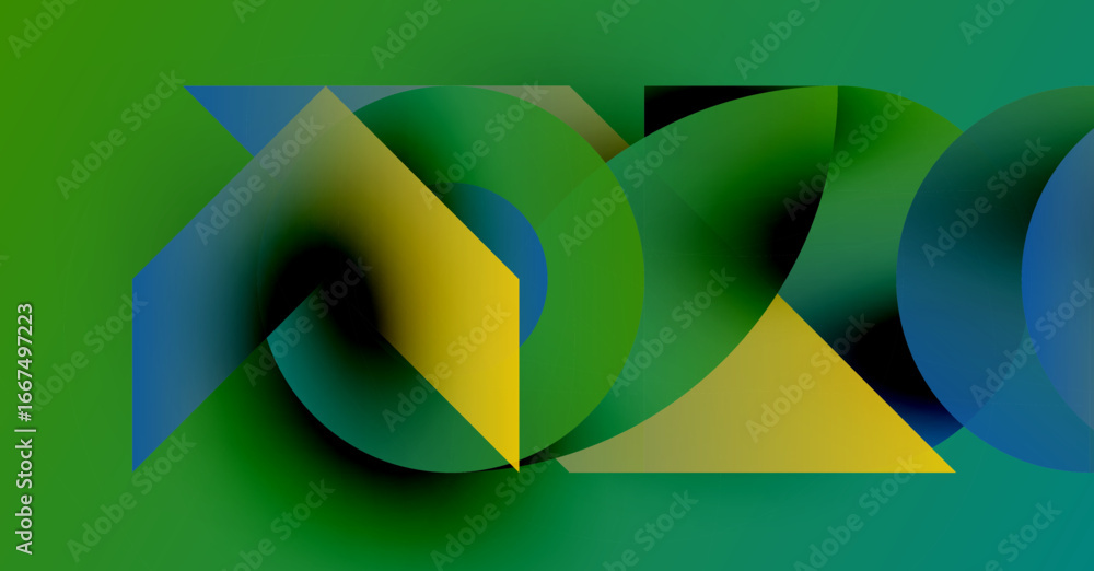 Poster abstract geometric composition. overlapping shapes create dynamic visual effect. green, yellow, blue