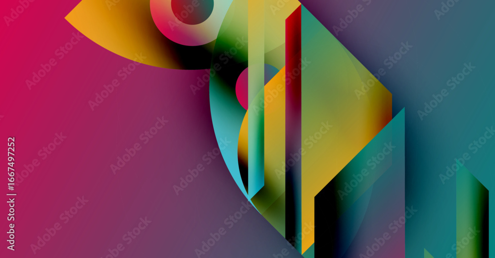 Poster abstract geometric shapes blend vibrant colors. dynamic composition creates modern visual experience