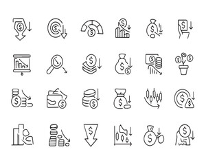 Set of outline icons related to lose money, bankruptcy. Linear icon collection
