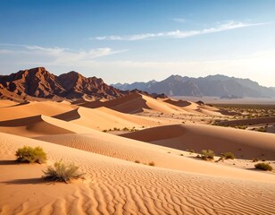 Desert Landscape with Sand Dunes, and Mountains.