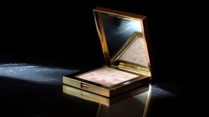 Luxury gold compact powder open on reflective mirror surface with spotlight on black background, fashion editorial photography