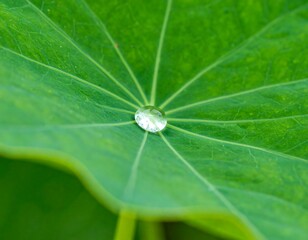 Close-up of a water droplet on a vibrant green leaf, showcasing its intricate vein structure