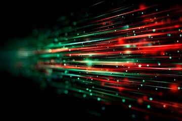 Red and green light stripes moving rapidly on a dark background, representing digital data transfer technology, 