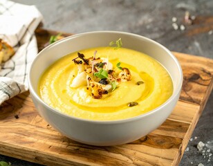 Roasted Cauliflower Soup in Minimalist Bowl with Microgreens Garnish.