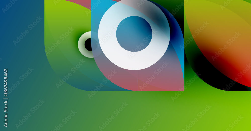 Poster abstract colorful shapes overlap creating dynamic visual composition. gradient hues blend smoothly, 