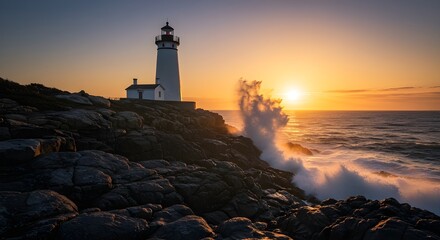 Lighthouse on rocky coast with golden shoreline and waves crashing