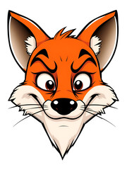 Obraz premium 3d funny cartoon sly fox face close-up, isolated, on white background. Comic character, funny print, illustration for ironic advertising, sketch for logo.