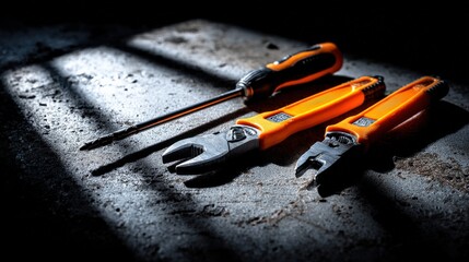 Fototapeta premium Flatlay of orange tools on dark metal surface with spotlight effect, cinematic industrial photography