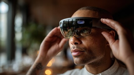 Tech-Savvy Man with Holographic Glasses in Dubai Café