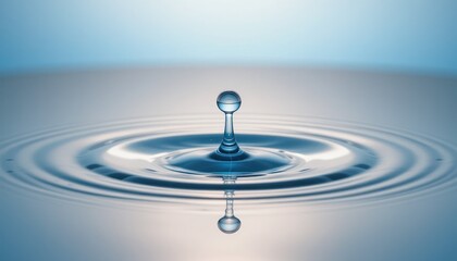 A high-resolution close-up of water droplets hitting a smooth surface, forming concentric waves