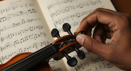 Naklejka premium Hand tuning violin peg in front of music sheets on stand, close detail