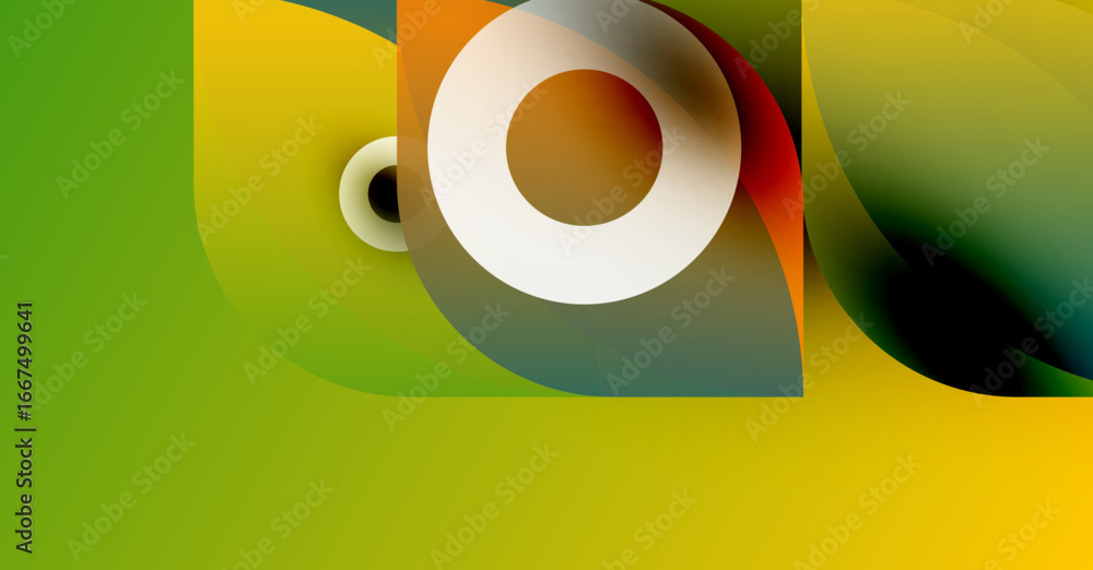 Poster abstract composition featuring overlapping colorful shapes. green, yellow, orange hues dominate desi