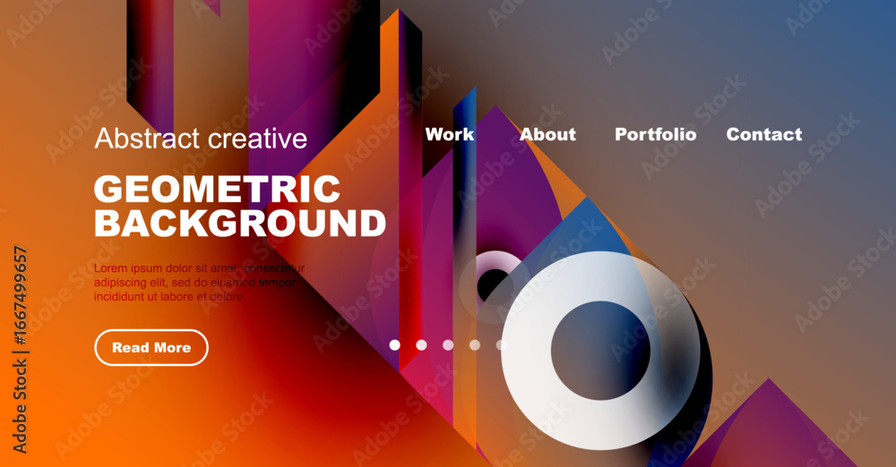 Poster vibrant geometric design. abstract shapes, bold colors create modern website header. text overlays p
