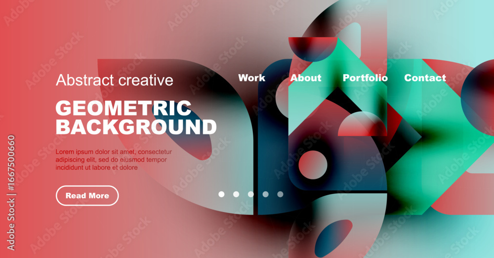 Poster modern website header design. abstract shapes, vibrant colors, navigation menu present. clean layout