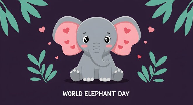 Cute Cartoon Elephant Baby Celebrating World Elephant Day with Pink Hearts and Green Foliage