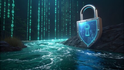 Digital padlock in river with binary code falling like rain