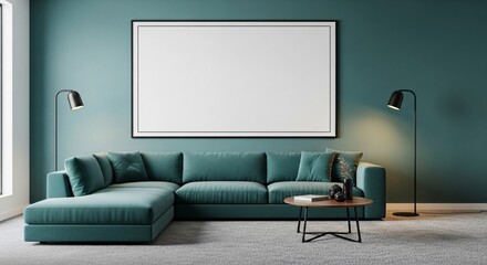 Modern teal sectional sofa with minimalist floor lamps