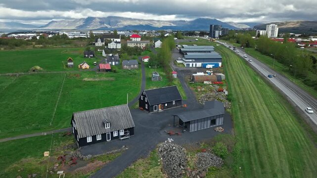 Traditional Icelandic turf houses at Arbaer Open Air Museum Reykjavik. Shot in 4K showing cultural heritage and scenic museum grounds.
