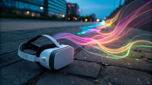 Virtual reality headset on street with colorful light trails - Powered by Adobe