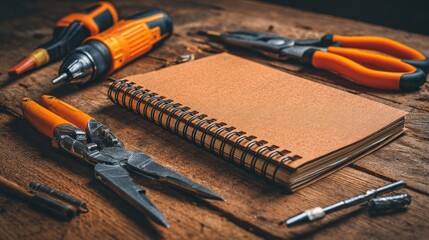 Flatlay of orange tools and notebook on wooden desk background, lifestyle DIY product photography