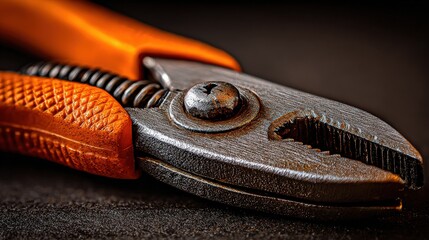 Close-up macro shot of orange handled pliers and wrench with textured grip, industrial product photography