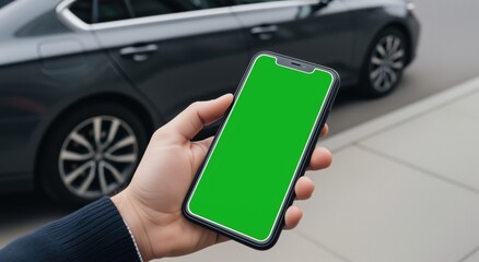 Man holding a smartphone with a green screen for mockup. Using a mobile app on the street with a car in background, carsharing