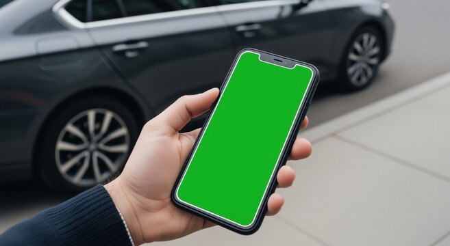 Man holding a smartphone with a green screen for mockup. Using a mobile app on the street with a car in background, carsharing - Powered by Adobe
