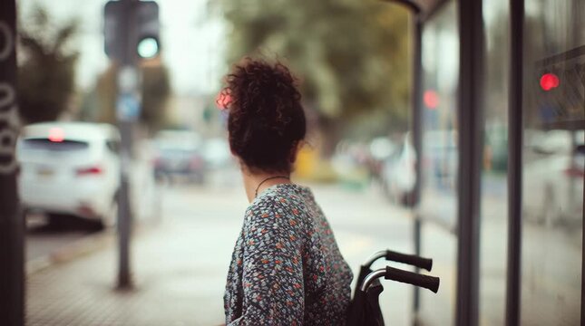 Pensive young woman in wheelchair waiting at bus stop