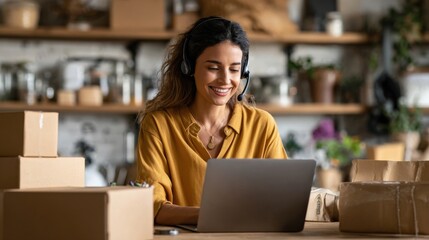 Fototapeta premium Cheerful Mexican Saleswoman with Laptop in Minimalist Workspace