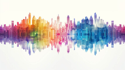 Vibrant multicolored city skyline illustration with symmetrical water reflection effect