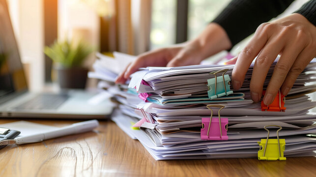 Office worker organizing large stack of paperwork using colorful binder clips