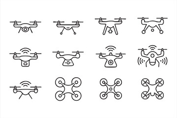 Flying drone icon set with multiple designs, perfect for aerial and tech projects