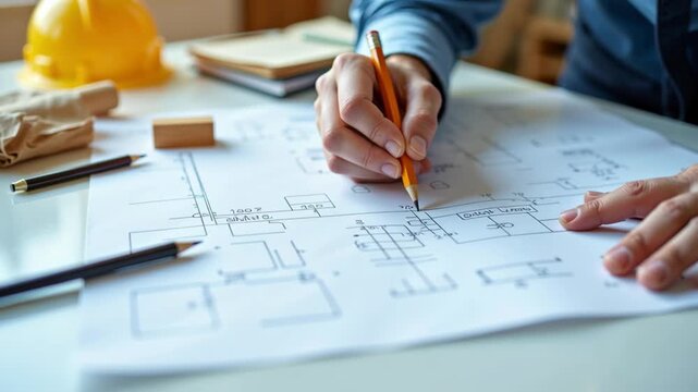 Architect hand drawing construction blueprint and technical plan on desk with pencil, ruler, safety helmet, documents, showing creative building layout, focus and precision in modern office workspace