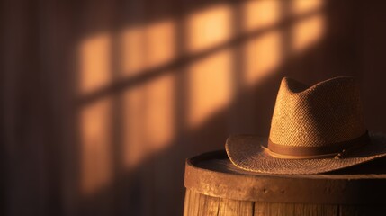 A rustic straw hat resting on a wooden barrel, illuminated by warm sunlight casting shadows on the wall