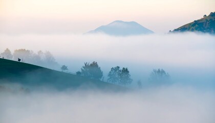 Misty Mountains and Rolling Hills Ethereal Landscape Serene Tranquil Nature.