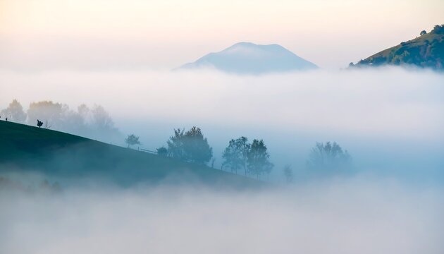 Misty Mountains and Rolling Hills Ethereal Landscape Serene Tranquil Nature.