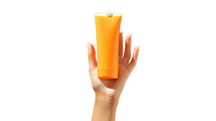 a hand holding a bottle of sunscreen on white background