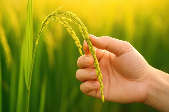 Local food inspection. A hand holding ripe rice in a lush green field under a warm golden light.