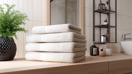 Stack of soft white towels on wooden bathroom counter