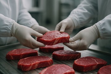 Local food inspection. Butchers handling fresh meat cuts in a clean food preparation area.