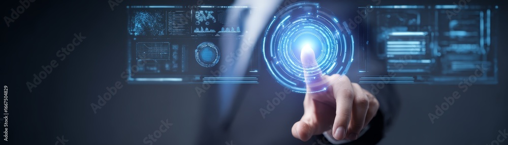 Poster person activates a futuristic digital interface in virtual environment by touching button on display