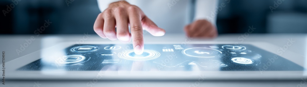 Poster person navigating digital world through tablet touchscreen, seamless interaction and userfriendly in
