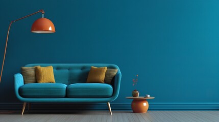 Modern living room with blue sofa and orange accents