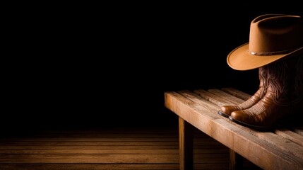 A pair of brown cowboy boots resting on a wooden platform, illuminated against a dark background