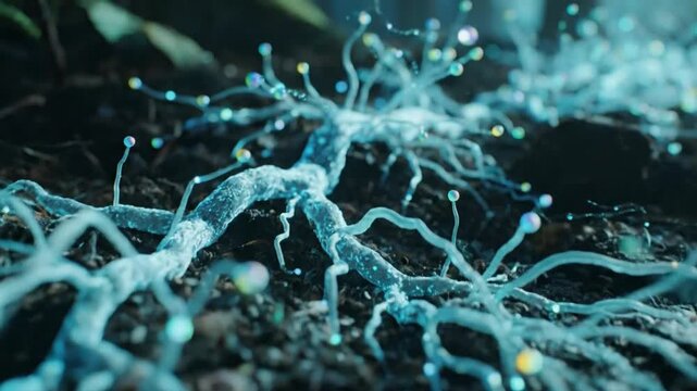 Glowing blue mycelial network spreading through dark soil, a bioluminescent root system illustrating neural connections and the intricate web of life