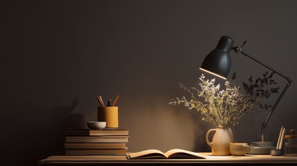 Cozy night study scene with books, lamp, and lavender on wooden desk